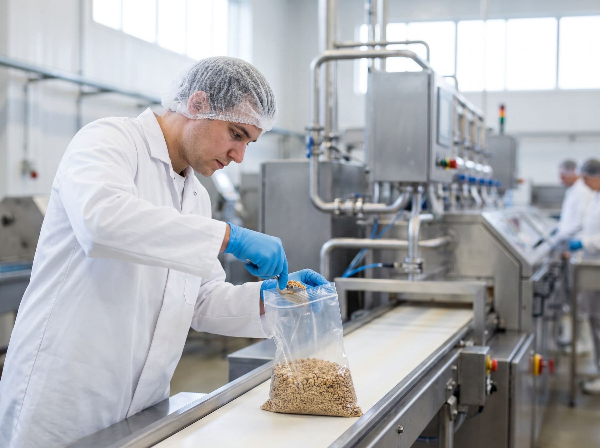 Técnico de segurança de alimentos coletando amostra dentro de uma planta de processamento