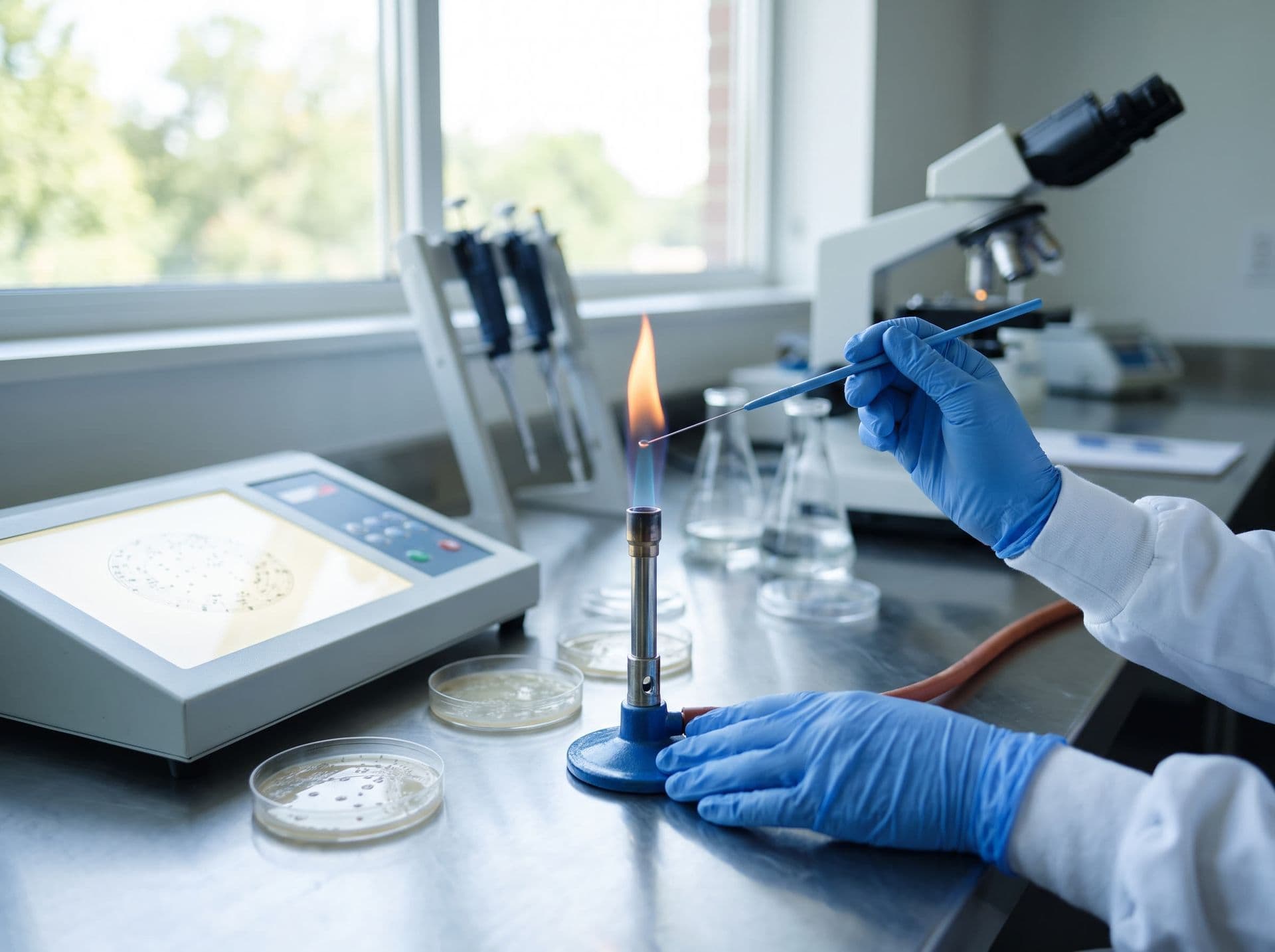 Bancada de microbiologia de alimentos com placas de Petri e contador de colônias