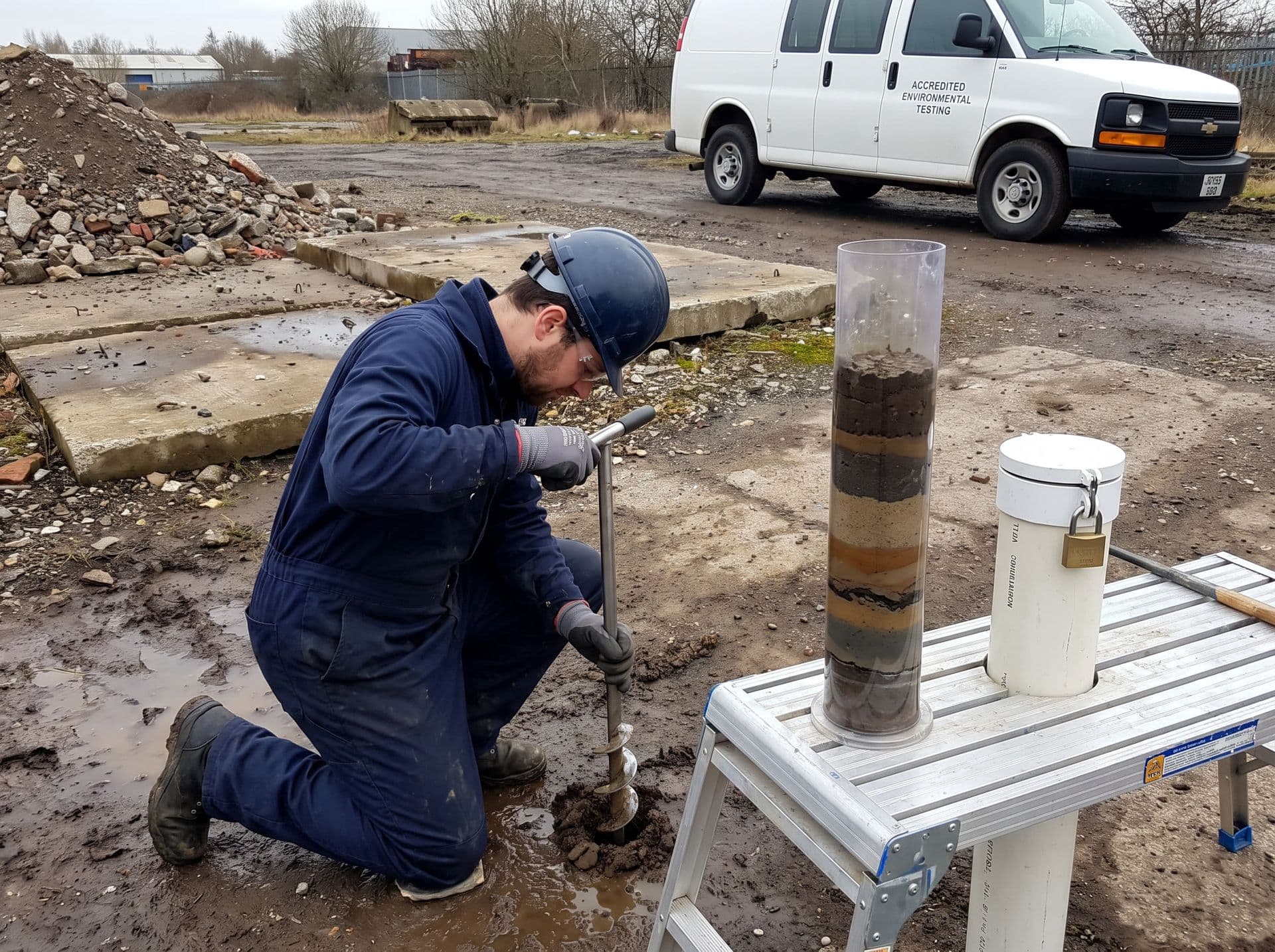 Técnico de campo de macacão coletando testemunho de solo num terreno contaminado, com poço de monitoramento ao lado