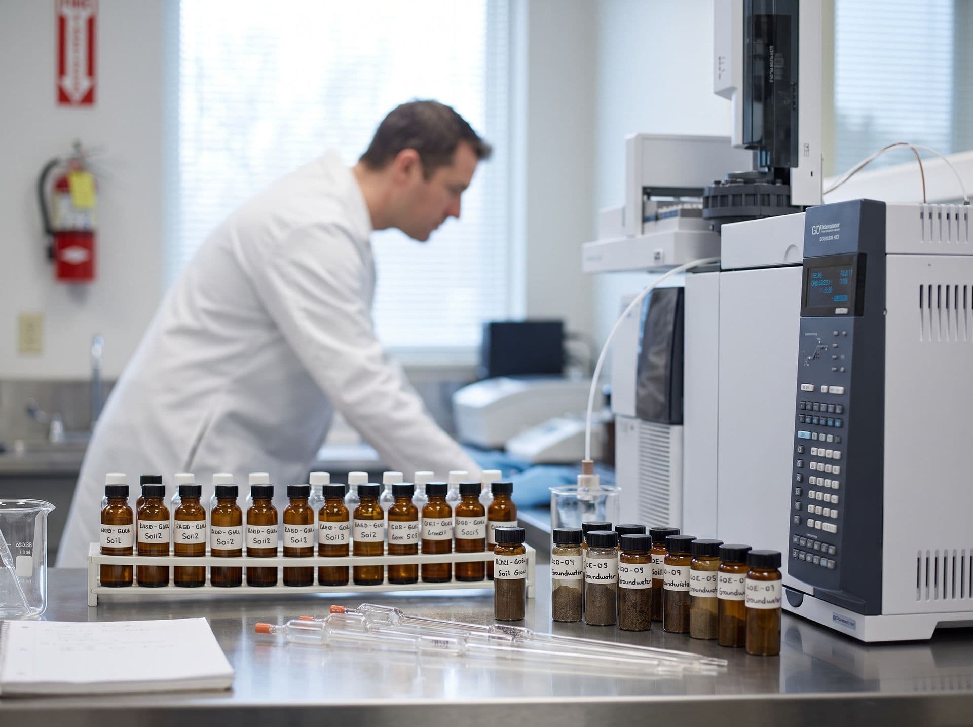 Bancada de laboratório ambiental analisando amostras de solo e água subterrânea