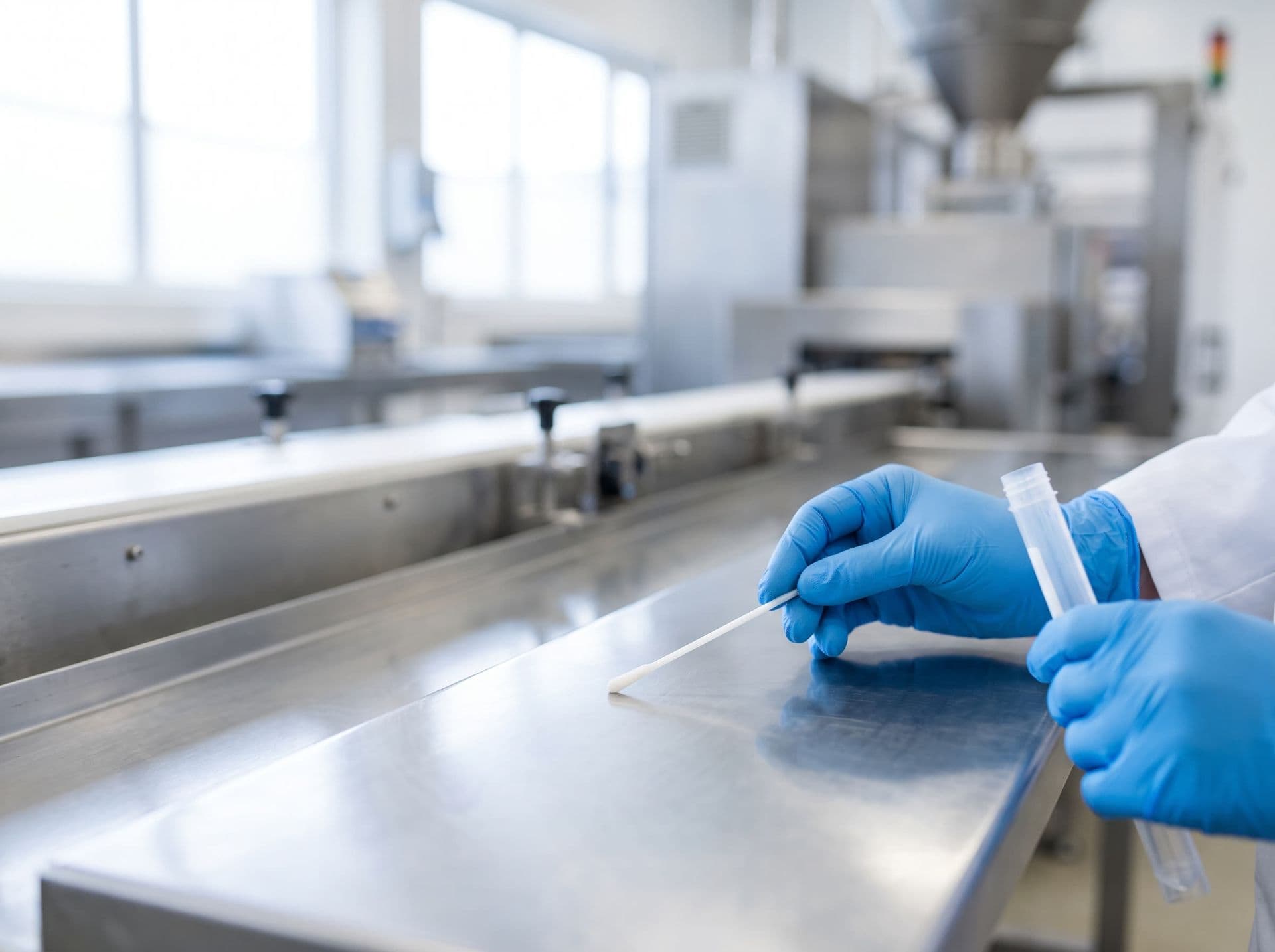 Mão com luva passando swab estéril em superfície de aço inox de processamento de alimentos