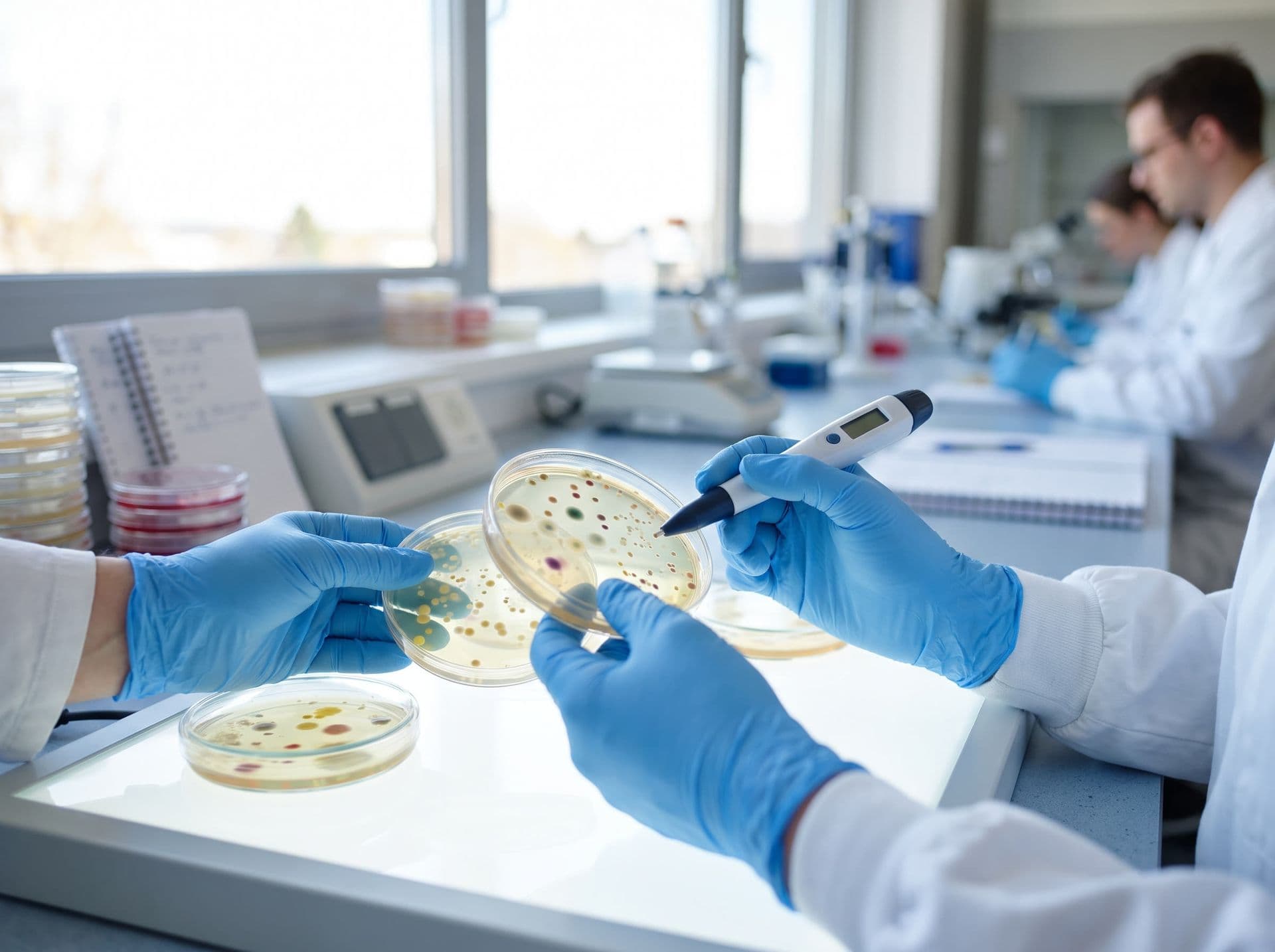 Analista de microbiologia lendo placas de ágar incubadas no laboratório