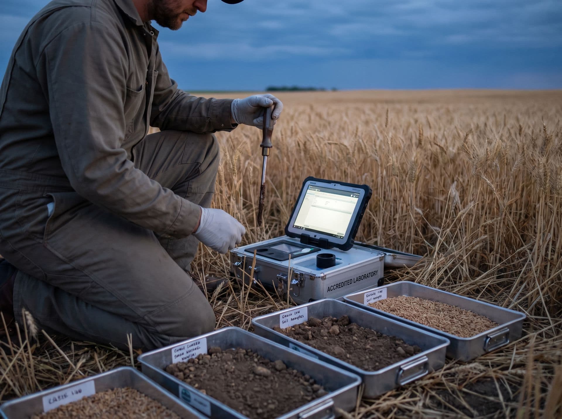 Técnico de agronomia coletando amostras de grãos e solo em bandejas no campo com um tablet