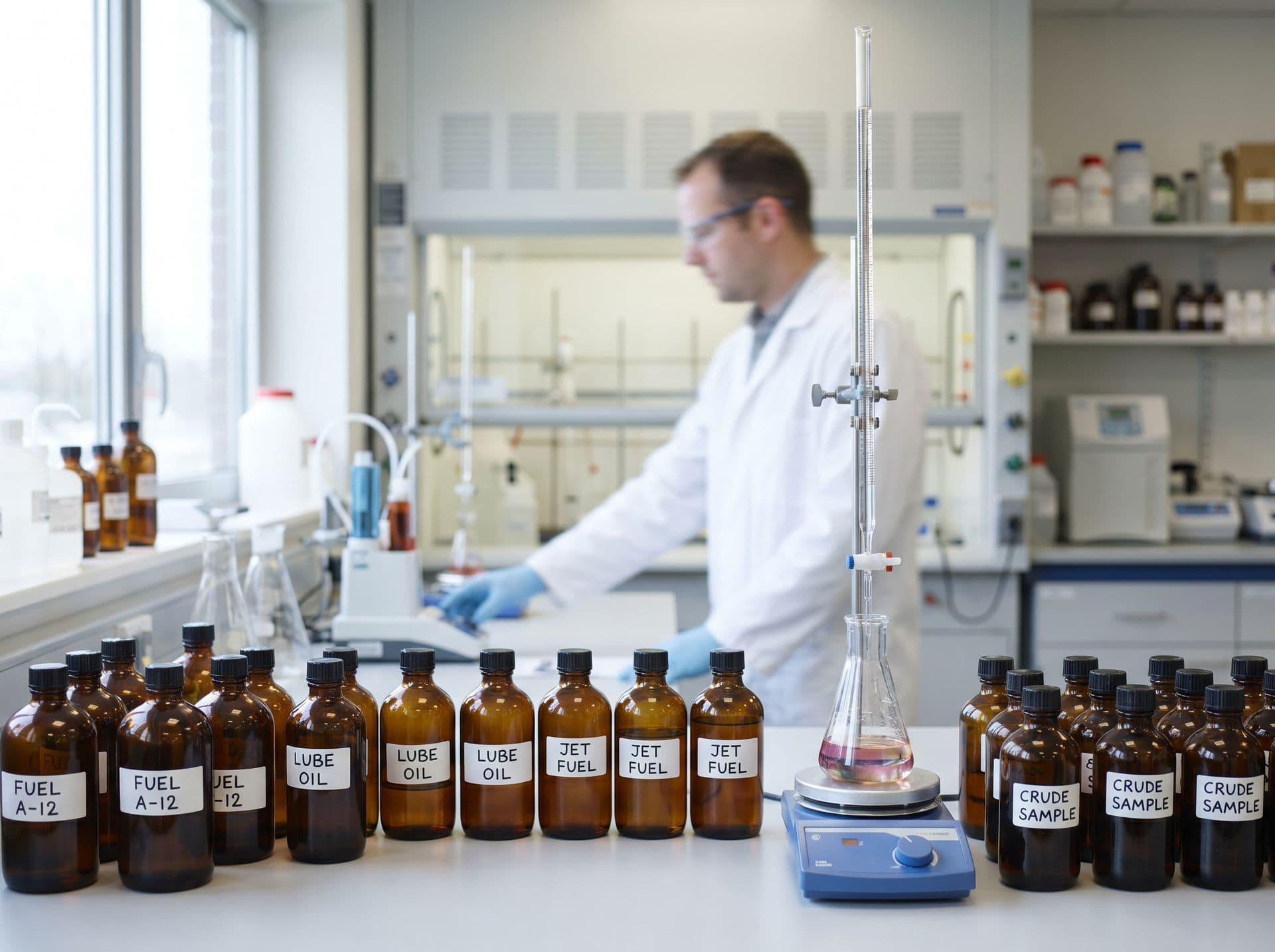 Bancada de laboratório petroquímico com frascos de amostra e uma montagem de titulação