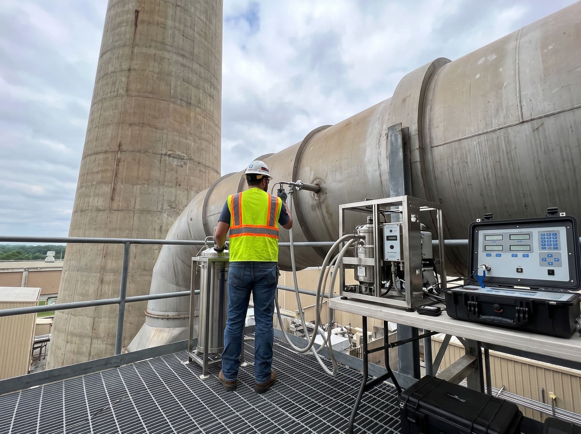 Técnico fazendo amostragem isocinética em fonte fixa numa plataforma ao lado de uma chaminé