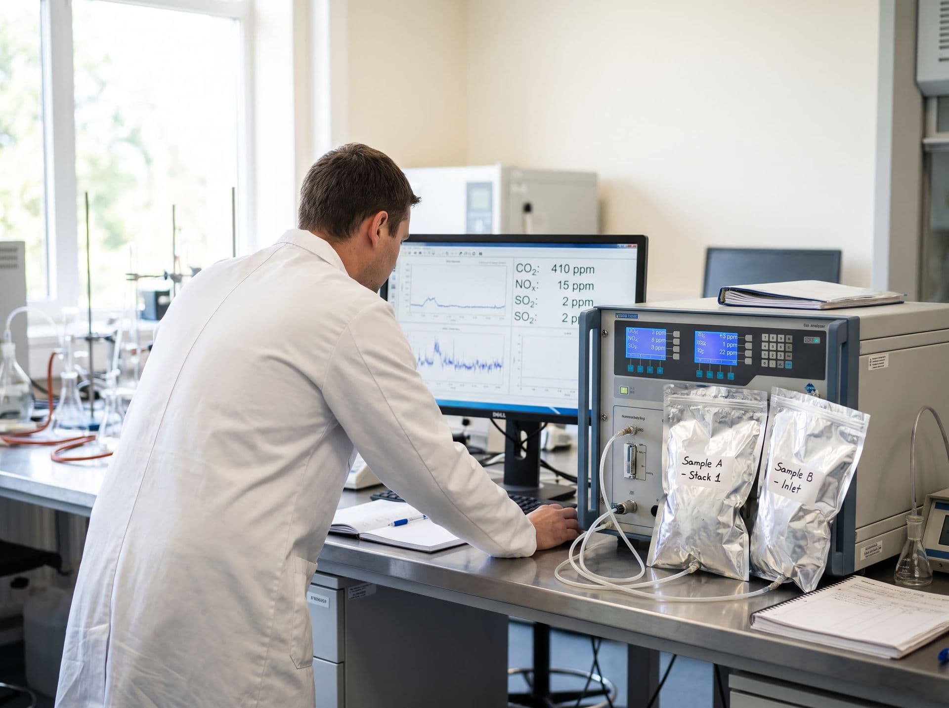 Bancada de laboratório de emissões atmosféricas com analisador de gases e leituras de amostra