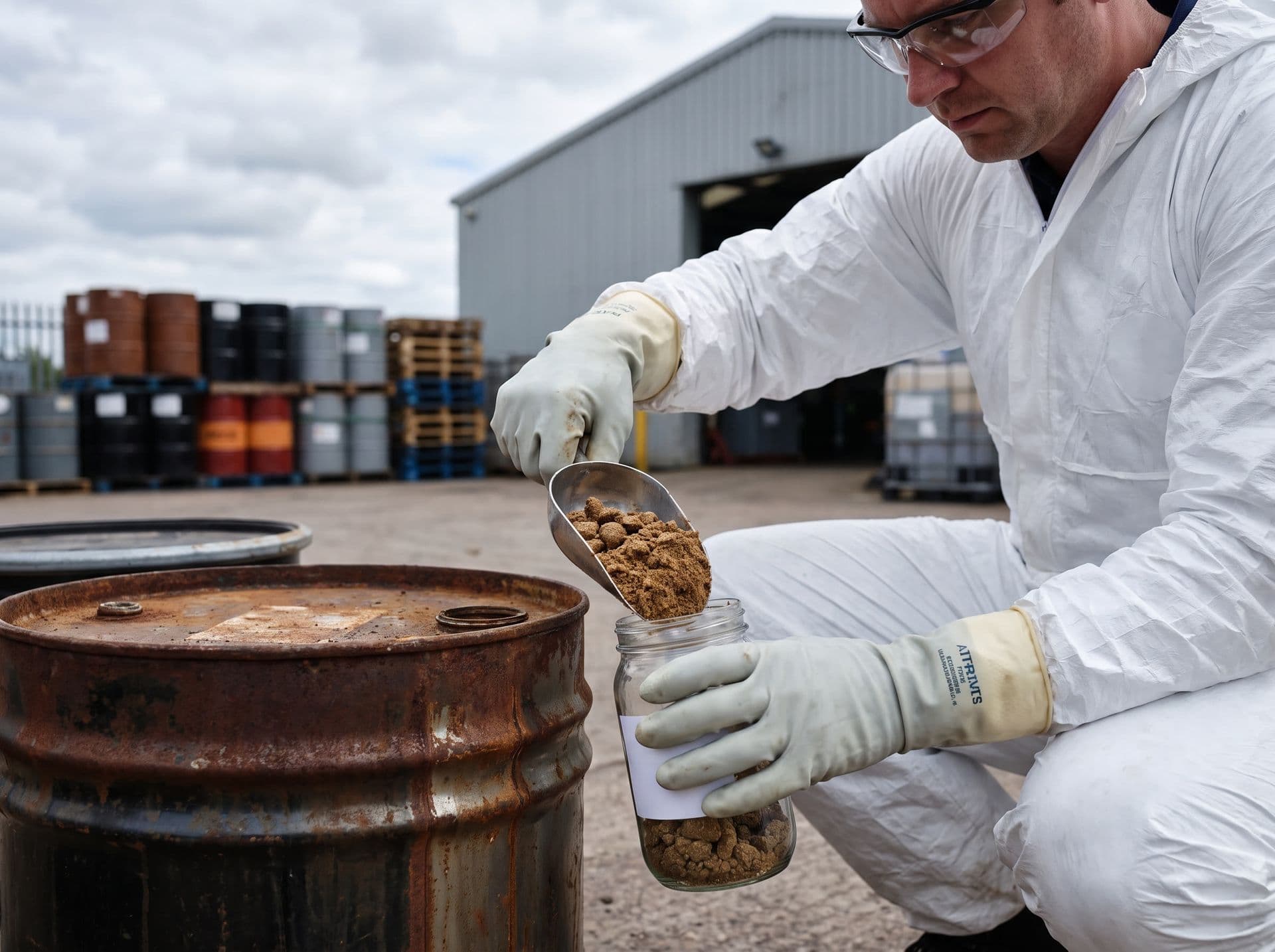 Técnico de EPI coletando amostra de resíduo sólido industrial de tambores para frascos identificados em pátio industrial