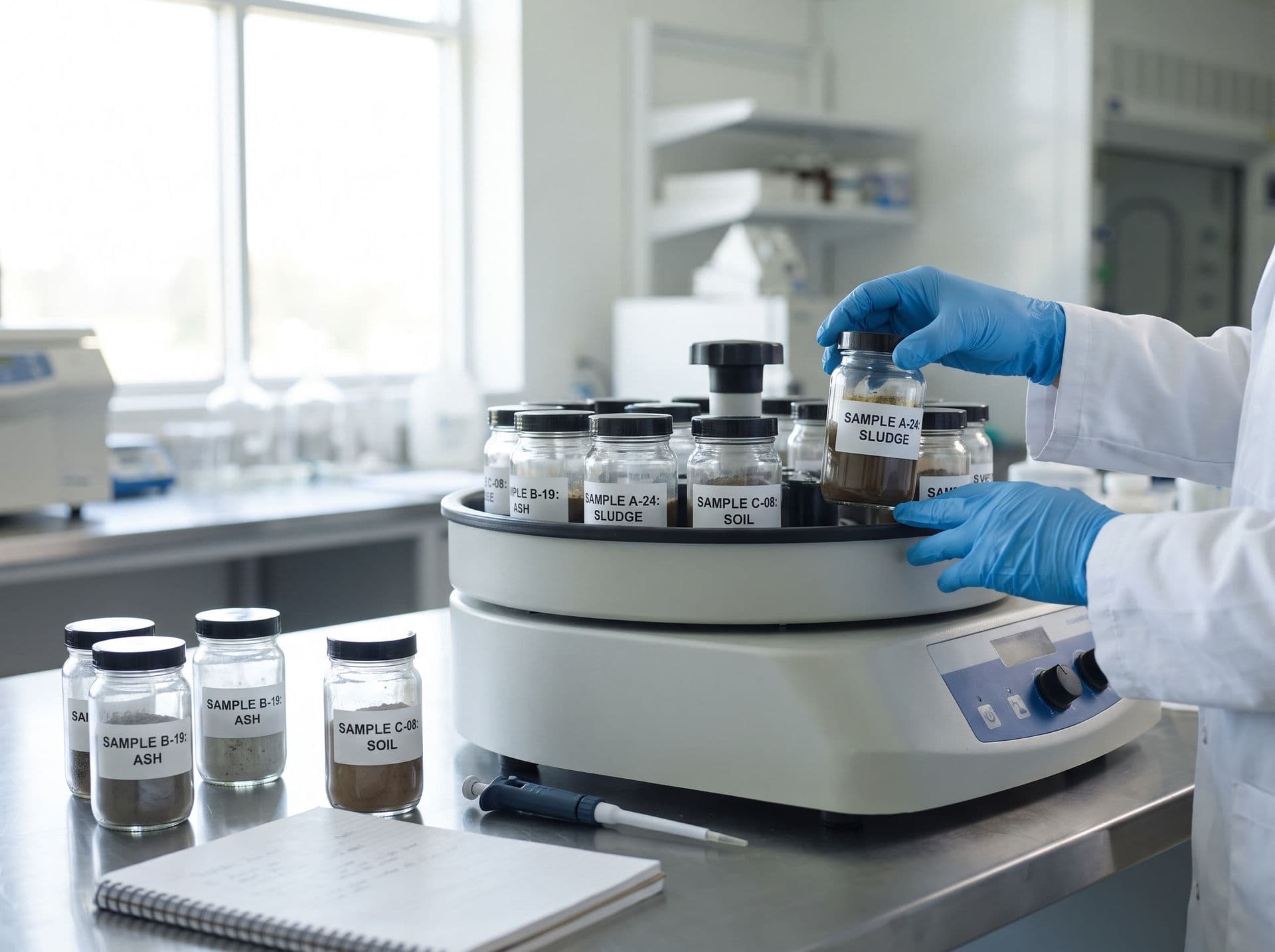 Bancada de laboratório com montagem de extração de lixiviado e frascos de resíduo identificados