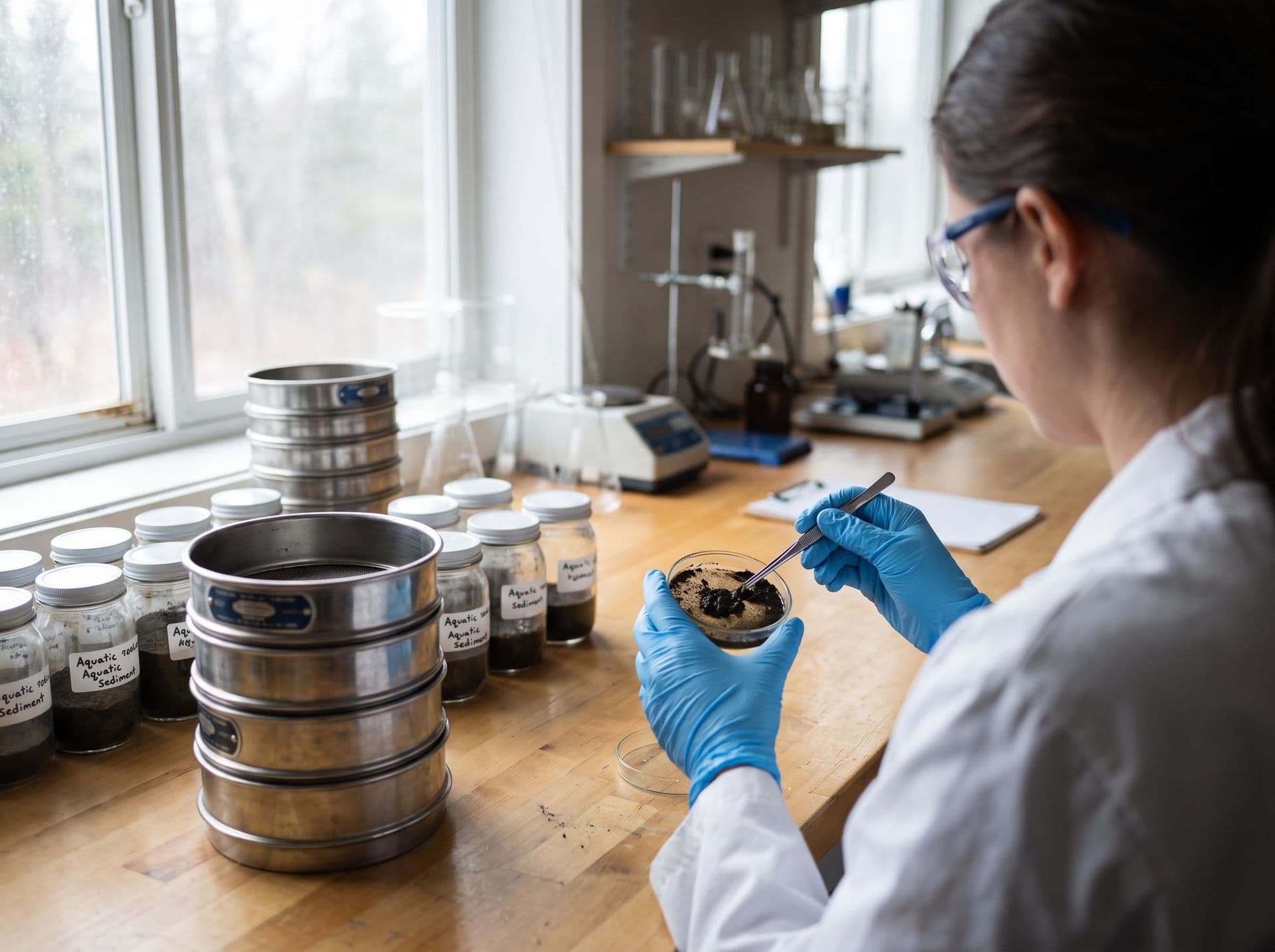 Bancada de laboratório com frascos de amostra de sedimento e peneiras de ensaio