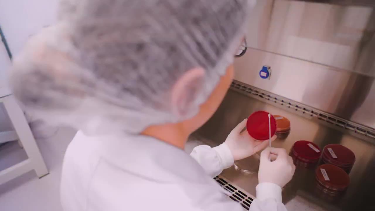 Quadro do depoimento da ControlBio: analista de touca e jaleco semeia uma placa de Petri na cabine de segurança biológica.