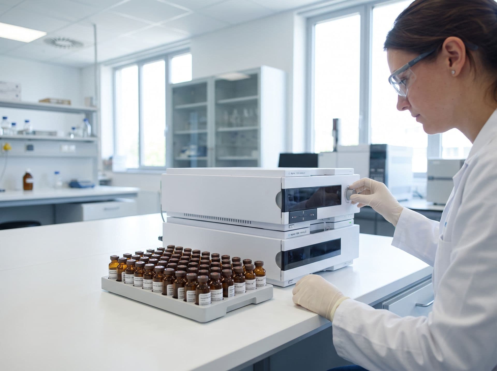 Analista de controle de qualidade operando um cromatógrafo HPLC com vials âmbar na bancada