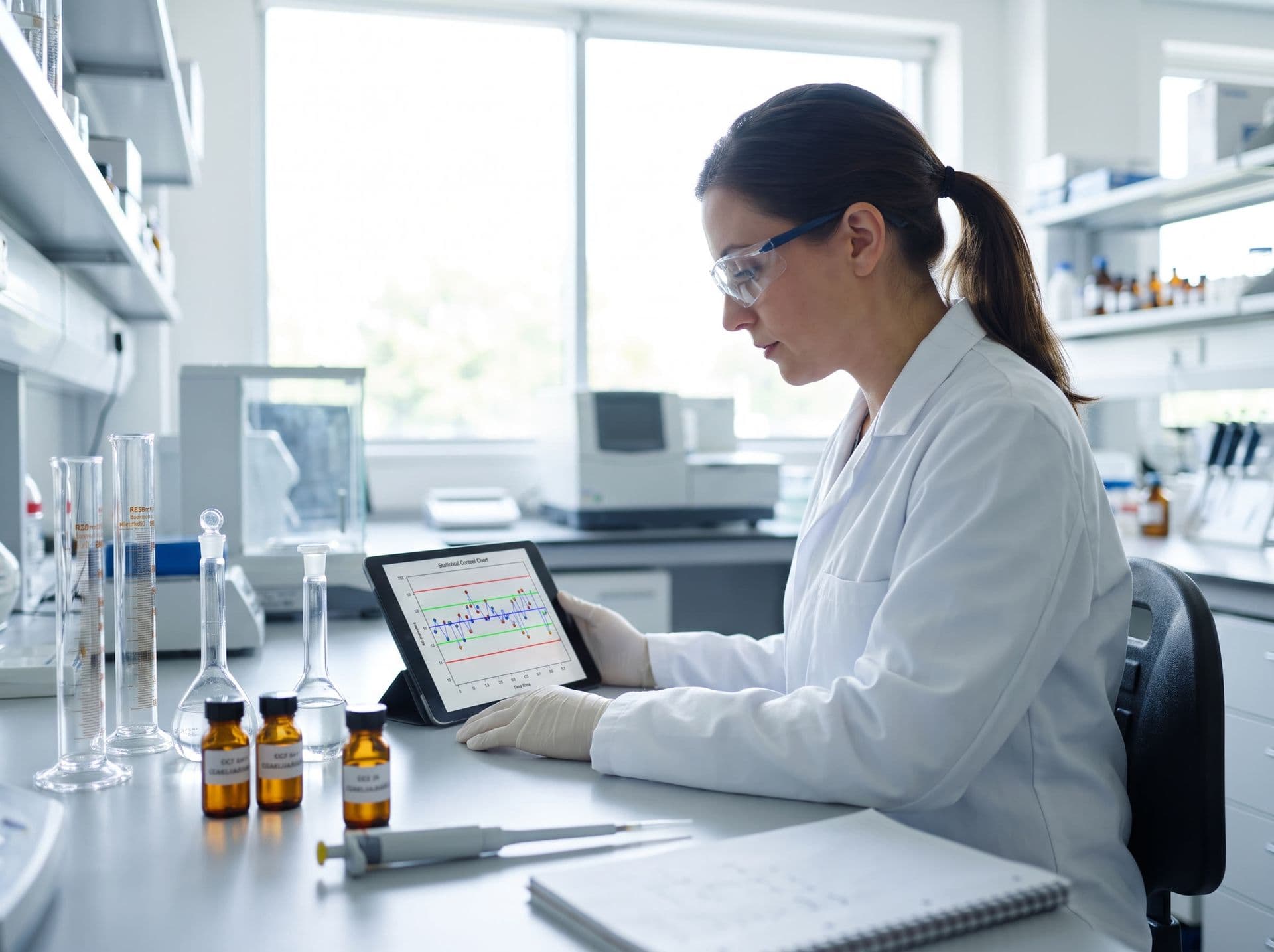 Analista revisando uma carta de controle estatístico em um tablet na bancada limpa do laboratório